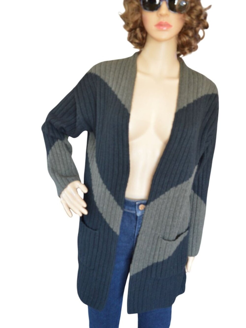 New Express Black Gray Color Block Ribbed Knit Open Front Sweater Womens Size S